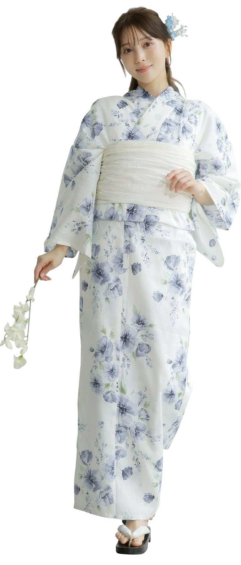 

(Дита) Женский набор из 5 предметов Юката: Хайко Оби (Кушак), Синий, Белый, Голубой, Акварель, Прозрачный Цветочный Узор, Натуральный, Легко Надевать Одному