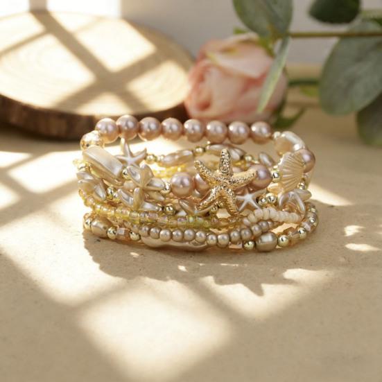 1 Set Bohemian Starfish Bracelets for Women Coastal Style Stackable Stretch Bracelets Faux Pearl Beaded Bracelets for Holiday Summer Beach
