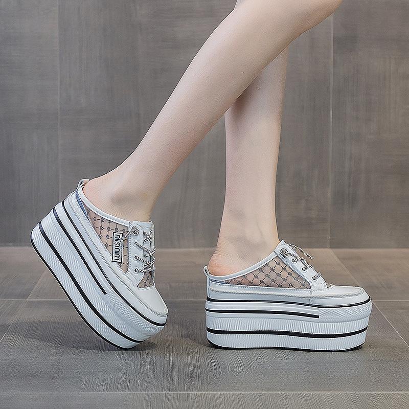 Baotou Half Slippers Outer Wear 2025 Popular Summer New Thick-soled Muffin Shoes Inner Height Increase Women's Shoes Mesh Yarn Breathable