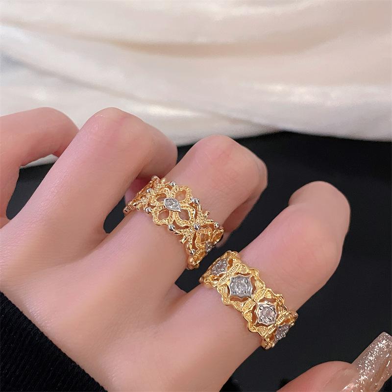 Color Separation Retro Court Luxury Lace Hollow Open Ring Niche Design Personality Ring Woman