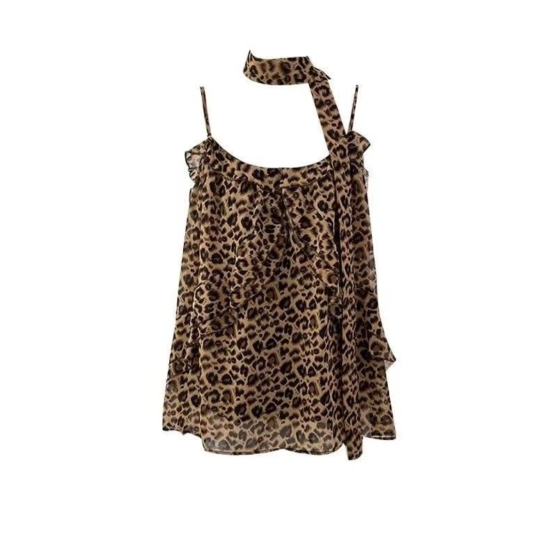 Sweet and cool babes leopard print streamer vest suspender women's summer design retro ruffle edge loose sleeveless top