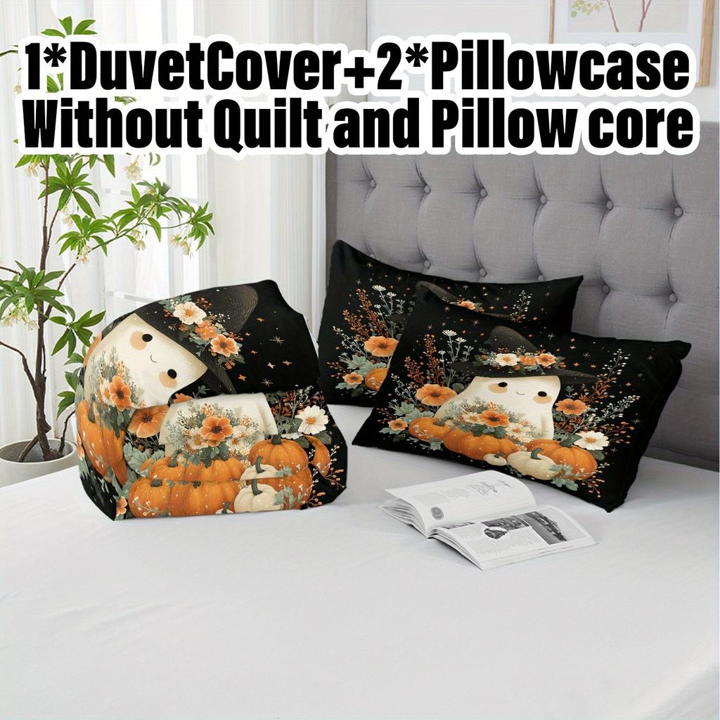 3pcs Halloween Pumpkin Monster Duvet Cover Set without Core Quilt Cover with 2 PillowcasesSoft and Machine Washable