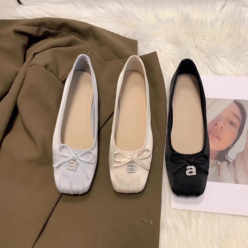 Fashion Flat Shoes for Women Spring  Autumn 2024 New Square Toe Silk Shallow Bow  Scoop Shoes Large Size 42 43 44  Ladies Shoes Women