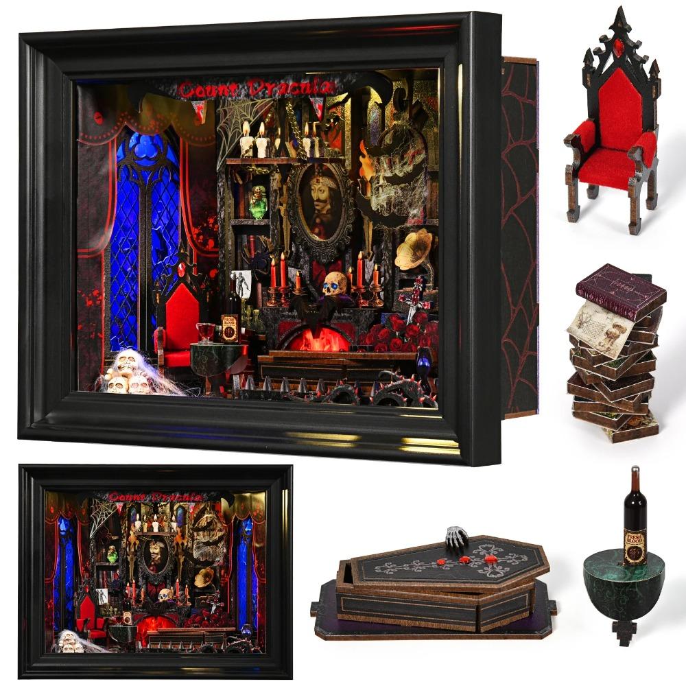 DIY Boghjørne Sæt Vampire Dracula Træ Boghandel Dukkehus med Lys Bogreol Indsats 3D Puslespil Dekoration til Gave