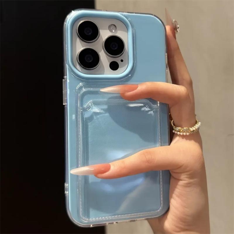 2in1 Card Holder Slot Wallet Po Pocket Clear Candy Color Case For iPhone 16 15 14 13 12 Pro Max TPU+PC Shockproof Cover
