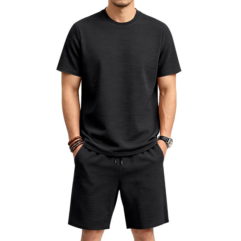Men Ribbed Knit Crew Neck Short Sleeve Top & Drawstring Pocket Shorts Two Piece Set