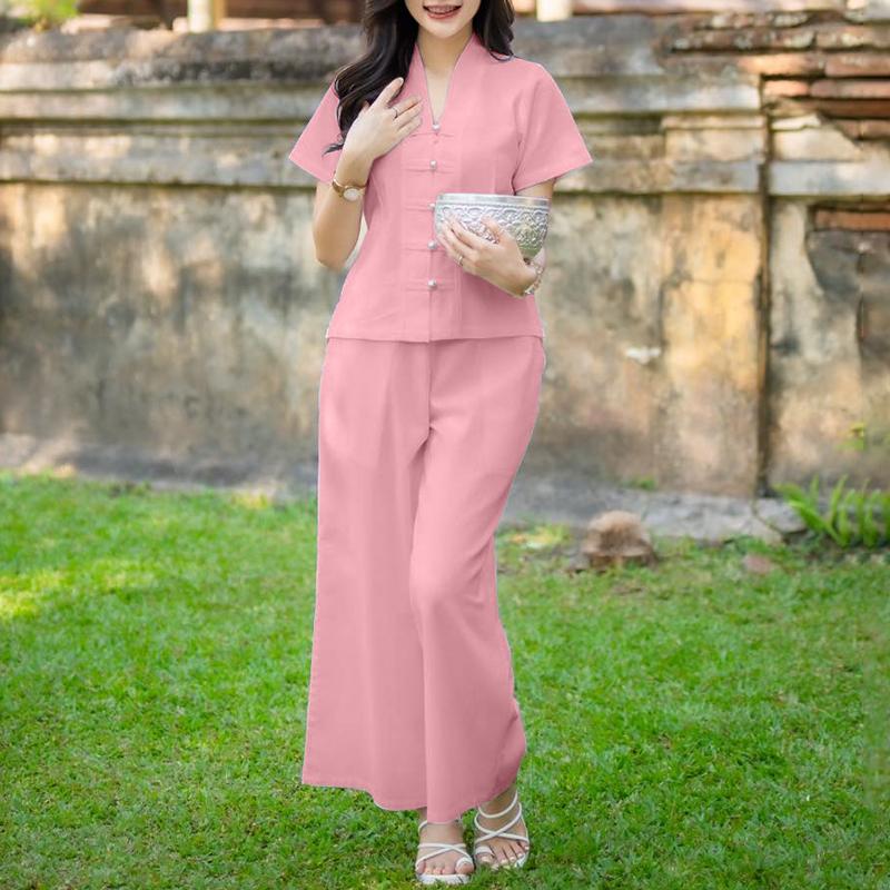 

ZANZEA Женская блузка с коротким рукавом и брюки Повседневные костюмы-двойки S