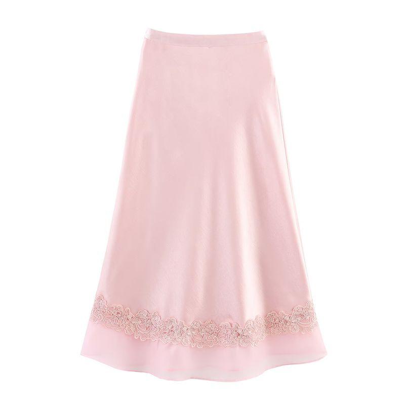 

Zbzr Spring New Women clothes Western Style Fashion Temperament Satin Organza Lace Stitching Oblique Cutting Skirt Pink L