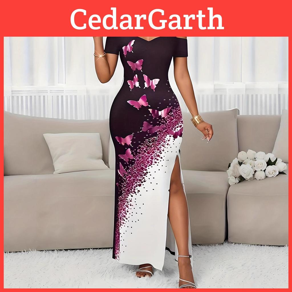 Elegantes Slip-Kleid mit Schmetterlingsdruck und Schlitz für Urlaub und Strandmode