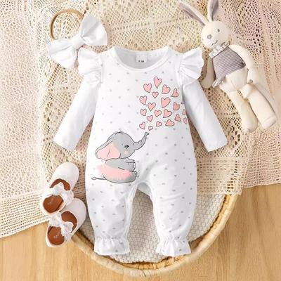 Foreign Trade Ins Newborn Infant Girl Baby Spring and Autumn Style Long-Sleeve Romper with Elephant Print and Open Crotch, Includes Hair Accessory