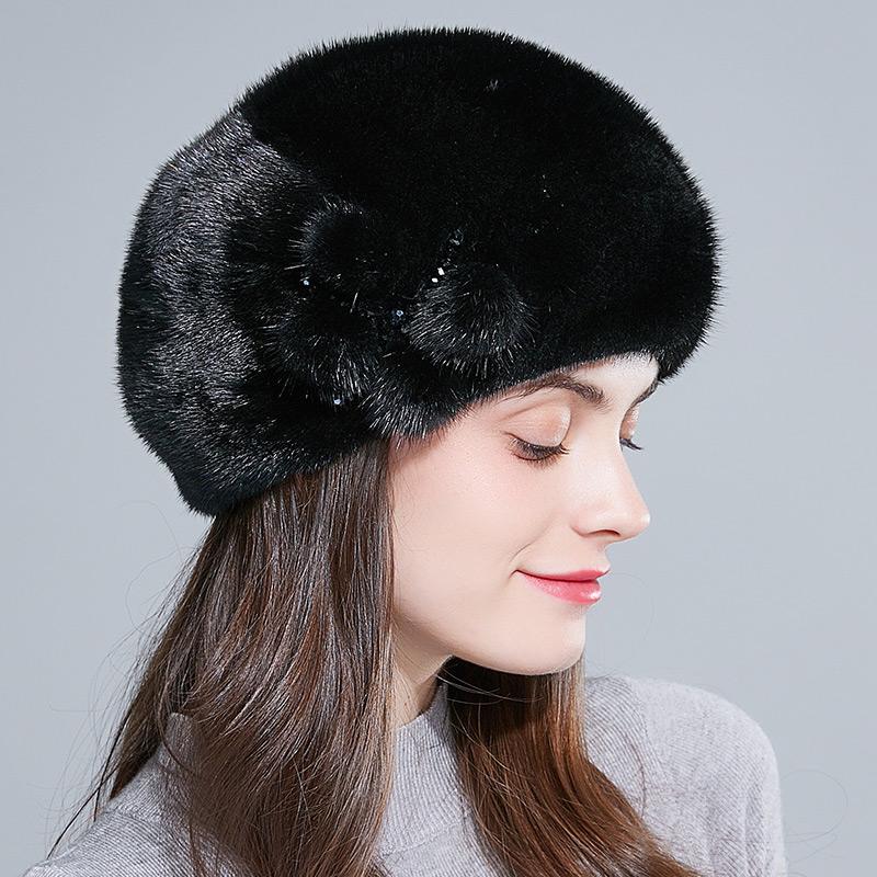 Mink Fur Winter Hats Women Real Mink Fur Berets Warm Genuine Fur Caps With Flower New Female Hat