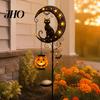 Hanging Pumpkin Halloween Decor Solar Garden Stake Light, Metal Black Cat & Moon Waterproof Crescent Pathway Lights Decorations for Lawn Patio
