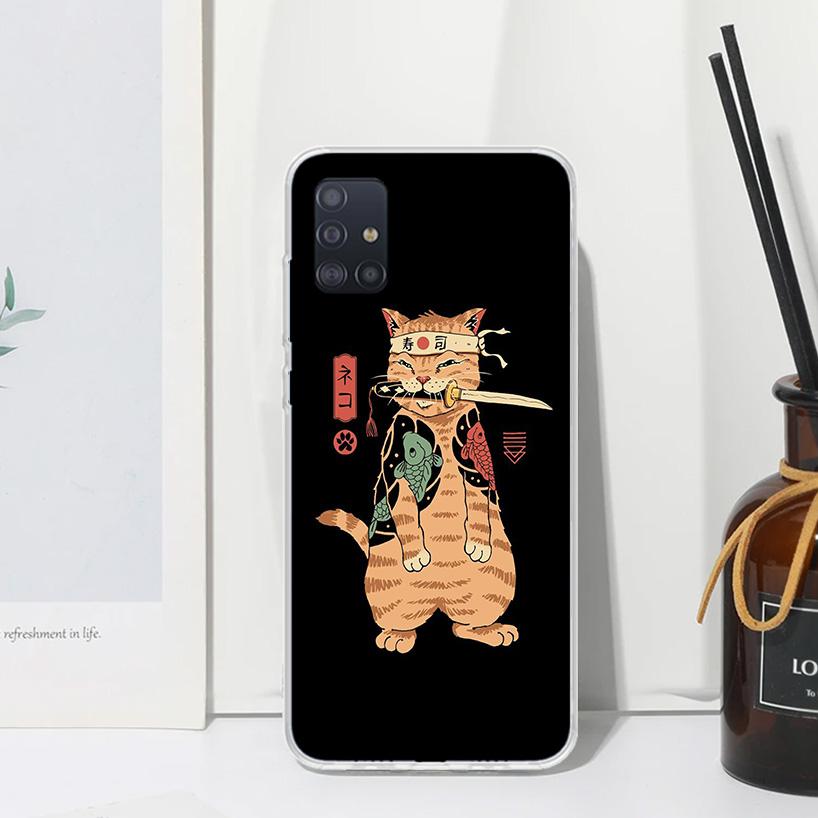 Ramen Sushi Samurai Tattoo Cat Phone Case For Samsung Galaxy A52 A42 A32 A22 A12 A02S A72 A51 A50S A41 A31 A21S A71 A40 A30S A20