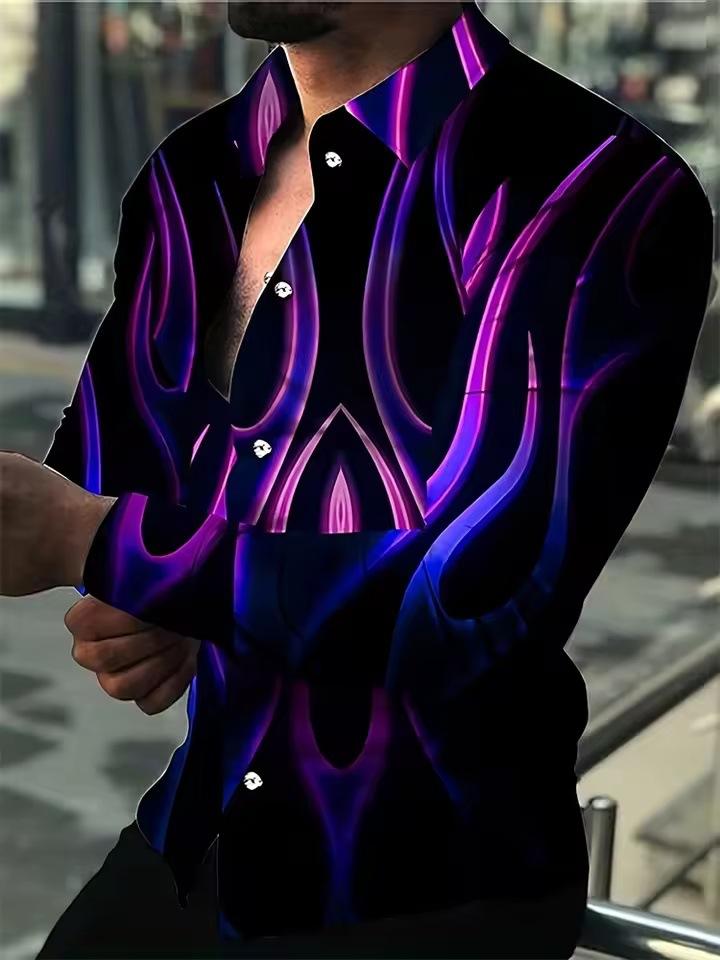 Men's Shirt Fashion Vintage Street Texture Print Shirt Men's Long Sleeve Lapel Shirt