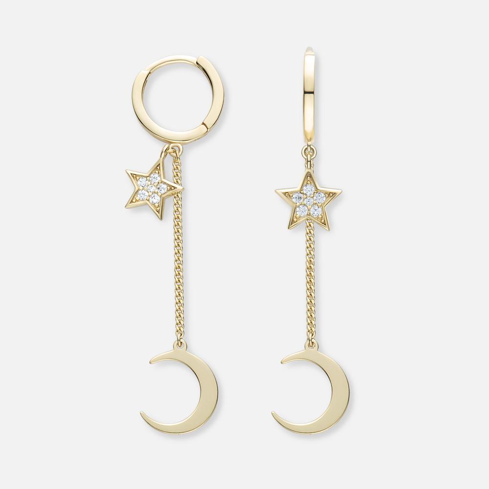 Topsale 18K Gold Plated 925 Sterling Silver Jewelry Fine Moon Star Dangle Pave Blue Zircon Hoop Tassel Chain Earrings