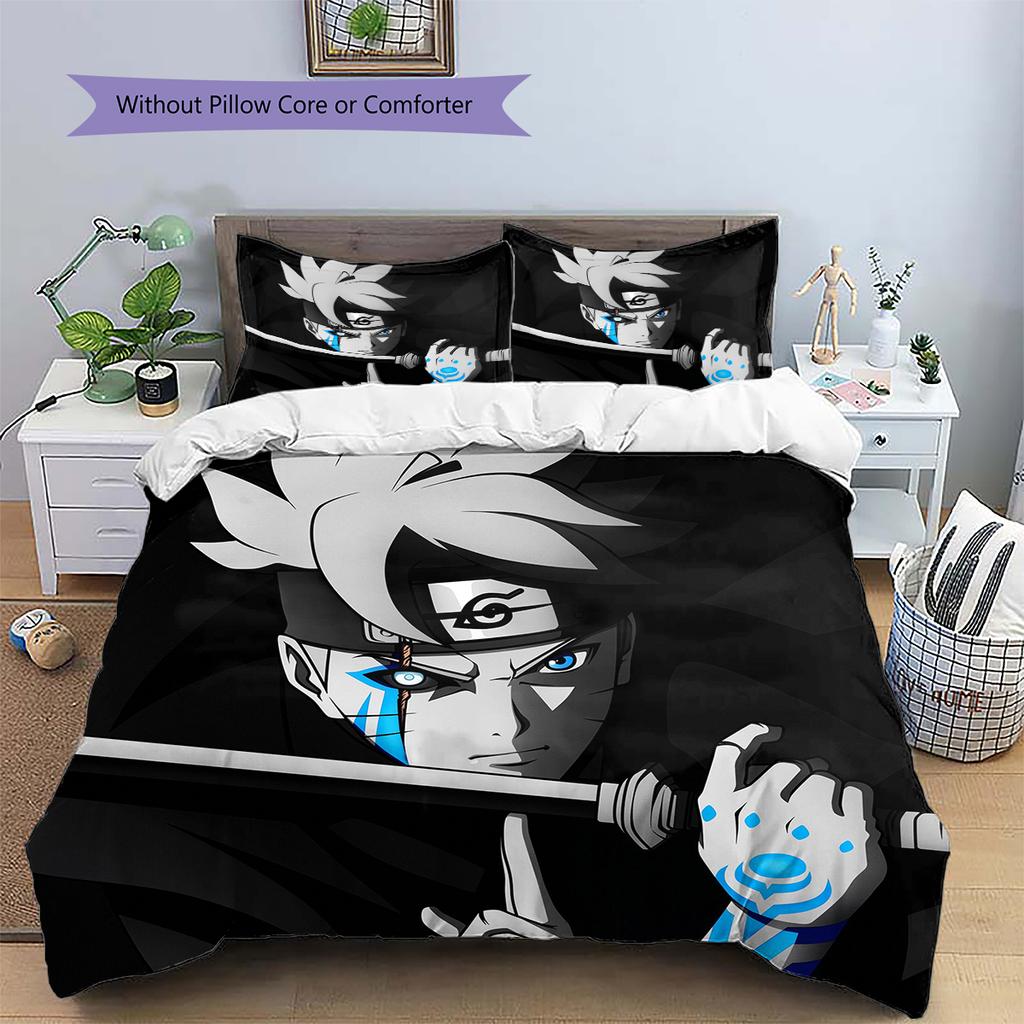 Pościel z motywem z anime Naruto Dekoracja domu Prezent urodzinowy (1 * poszwa na kołdrę + 2 * poszewki na poduszki, bez rdzenia)