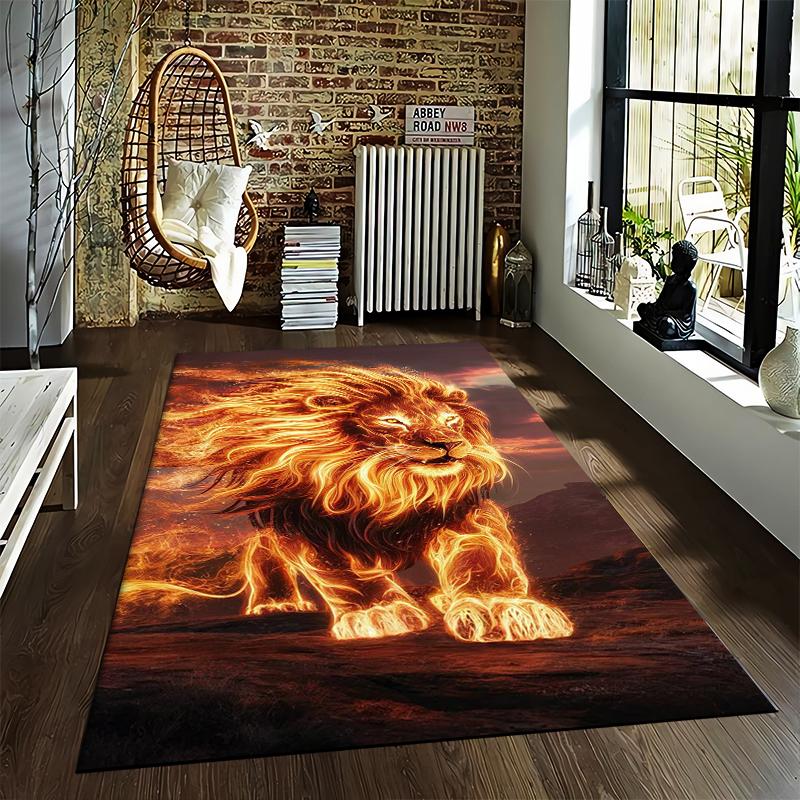 Fiery Lion Print Carpet with Bold Design in Warm Tones Suitable for use as an anti-slip for living room bedroom sofas