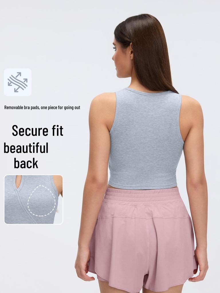 Women's Sleeveless Sports Crop Top with Chest Pads - Hollow Round Neck, Ideal for Yoga & Fitness