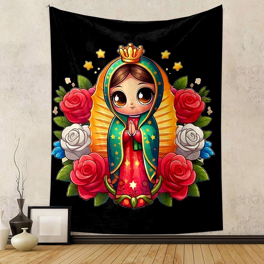 Cute Virgin Mary with Roses Artwork Patterned Tapestry Decorative Wall Hanging, Home Bedroom Living Room Decor