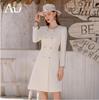 Women's White Double-Breasted Midi Dress - Round Neck, Slimming Fit, Spring/Autumn