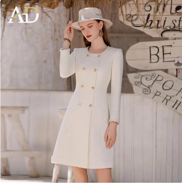 Women's White Double-Breasted Midi Dress - Round Neck, Slimming Fit, Spring/Autumn