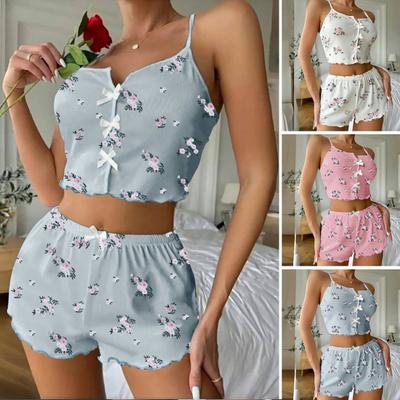 Women's Pajama Set Ribbed Floral Ruffles 2 Piece Sleepwear Crop Cami Top And Shorts Soft Pjs Lounge Set