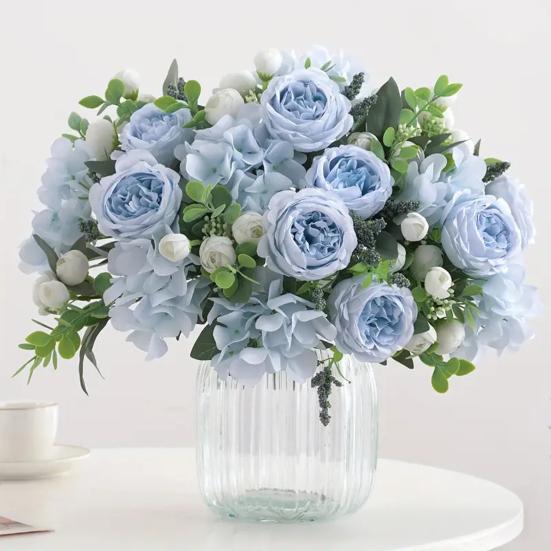 Yousheng Fake Roses Artificial Flower Bouquet Realistic Mixed Roses Peonies Dahlias with Stem for DIY Wedding Bridal Bouquet Baby Shower Home Table