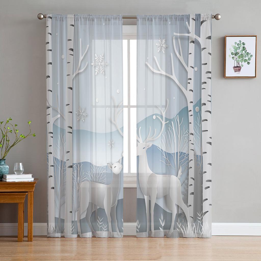Christmas White Snow World Tulle Curtains For Living Room Decoration Modern Chiffon Sheer Voile Christmas Curtains