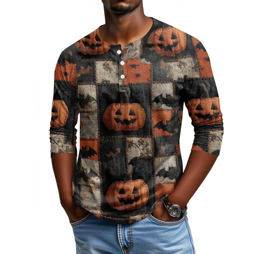 Men's Casual Halloween Print Henley Shirt Three Quarter Sleeve Raglan Top Lightweight Breathable Fabric Comfortable Fit