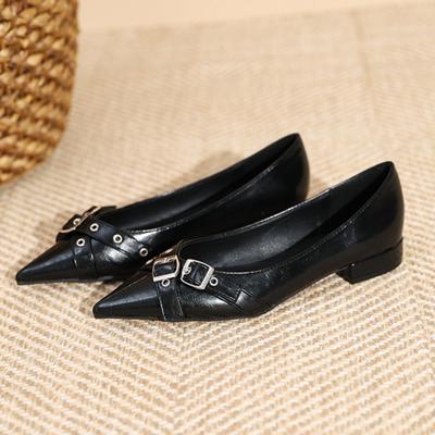 Women's Flat Shoes Fashionable Pointed Single Shoe New Belt Buckle Flat Single Shoes for Women Black Wide Heels Women