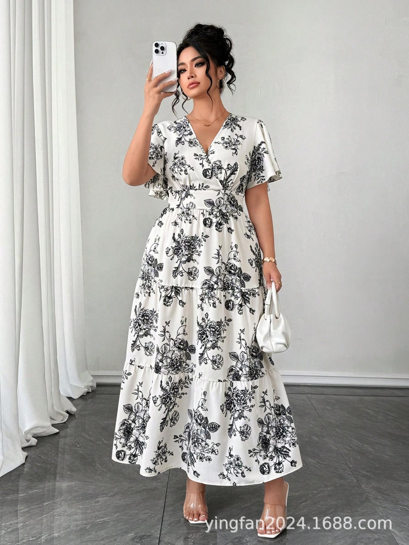 Plus Size V-neck Ruffle Floral Print Dress 1XL