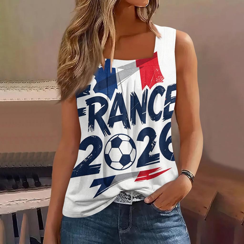 Dames Mouwloos Vierkante Hals Casual Tanktop Duitsland 2026 Voetbalprint Zomer Mode Ontspannen Pasvorm Lichtgewicht Shirt