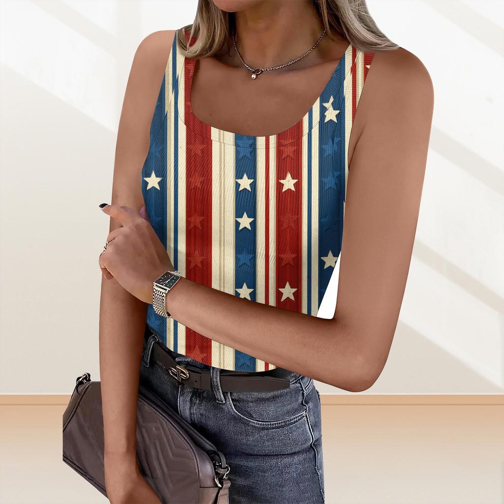 Women's Summer Fashionable Casual Independence Day Printed Round Neck Sleeveless Top Fitted Vest