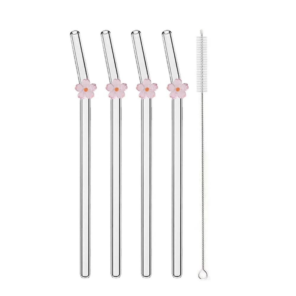 Flower Glass Straws Reusable Clear Straws for Smoothies Cocktails Drinking Eco Friendly Bar Tools Drinkware Straws with Brushes