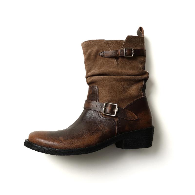 Retro Old Fashion Boots Women's 2025 New Polished Thick Heel Platform Knight Boots Belt Buckle Medium Tube Stack Boots