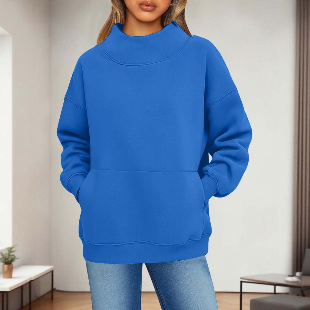 Women's Fashionable Casual Solid Color Round Neck Long Sleeved Pocket Sports Casual Pullover Sweatshirt Top