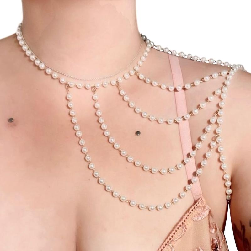 Elegant Multi Layer Pearls Shoulder Chain Stylish Beaded Shoulder Necklace Body Jewelry for Weddings and Parties 1