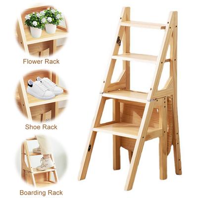 4 Tier Solid Wood Folding Chair Multi-Function Convertible Wood Ladder Folding Step Stool for Indoor Living Room Bedroom