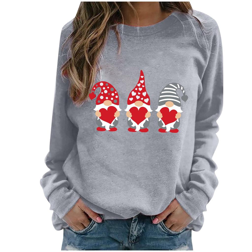Fashion Womens Loose Valentine's Day Print Round Neck Long Sleeve Sweater Top