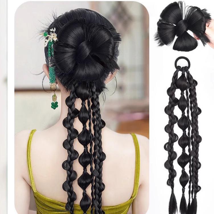 Golden Thread Chinese Five-Strand Fishtail Braid Ponytail & Flower Bun Bridal Hair Robe for Photography