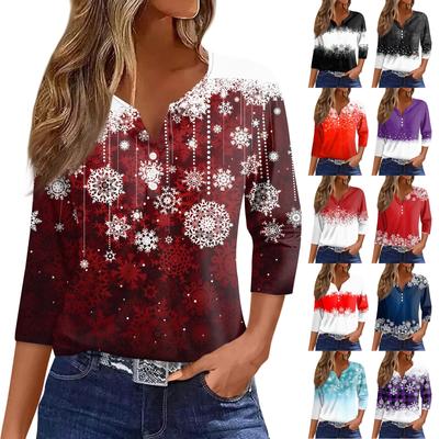 Women's T Shirt Tee Christmas Print Button  3/4 Sleeve Daily Weekend Fashion Basic V- Neck Regular Top