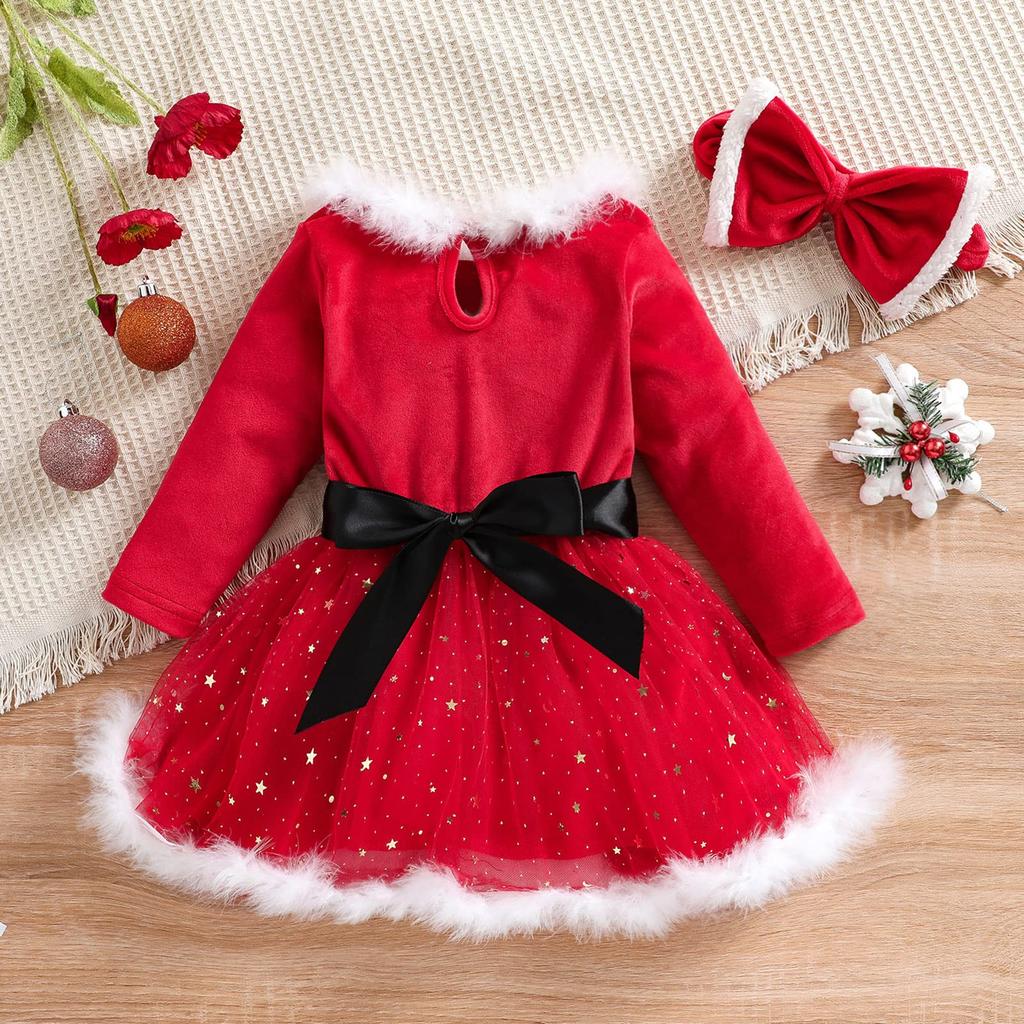 MISOAMISO Children's Santa Dress with Headband, 2-Piece Set, Christmas Costume, Fur, Girls' Dress, Santa Claus, Kids' Parties, Recitals (130, 2-Piece