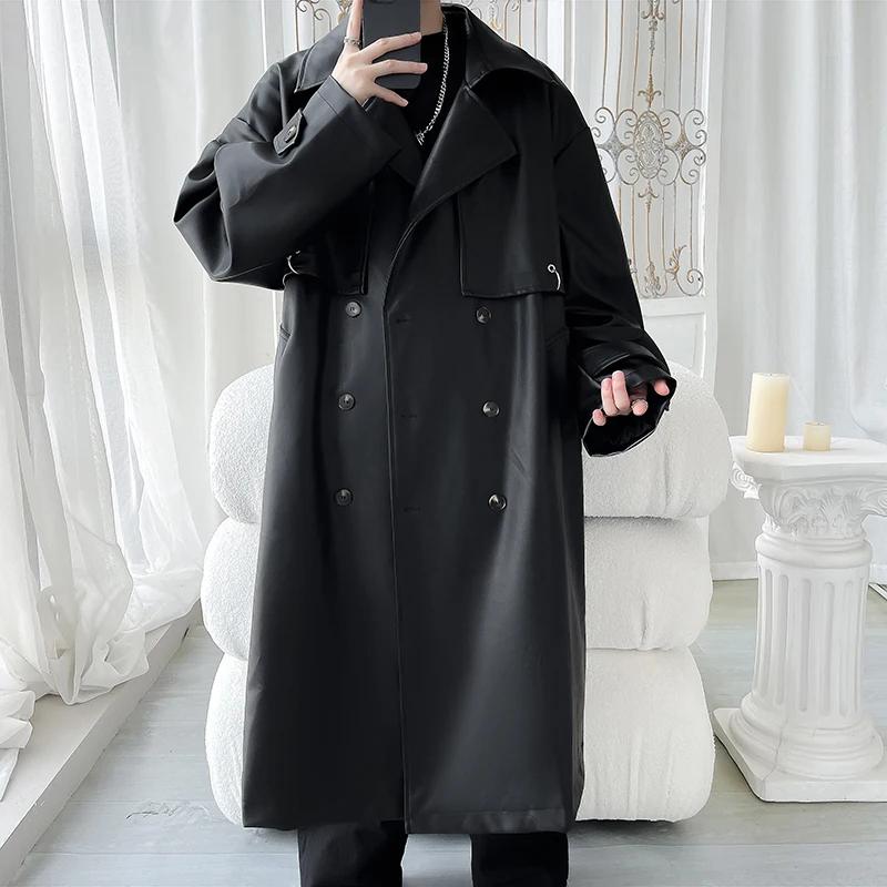 Autumn Men Long Black Pu Leather Jacket Men Oversized Cool Trench Coat Men Windbreaker Streetwear Double Breasted Luxury Clothes