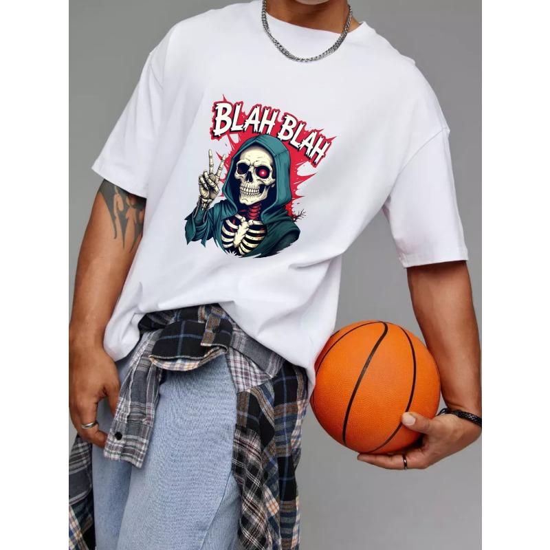 Bílé tričko s kulatým výstřihem s grafickým designem bílé lebky a Smrtky s textem Blah Blah, ležérní streetwear pro muže a ženy
