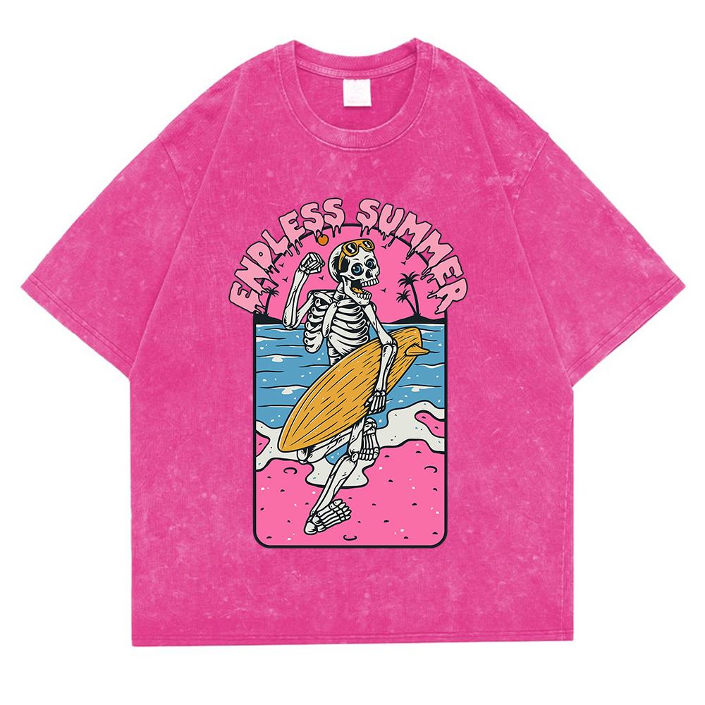 Endless Summer Skelett Surfen Gewaschen Retro Schneekleidung Herren Qualitäts-T-Shirt Sommer Baumwoll-T-Shirts Street Loose Tops