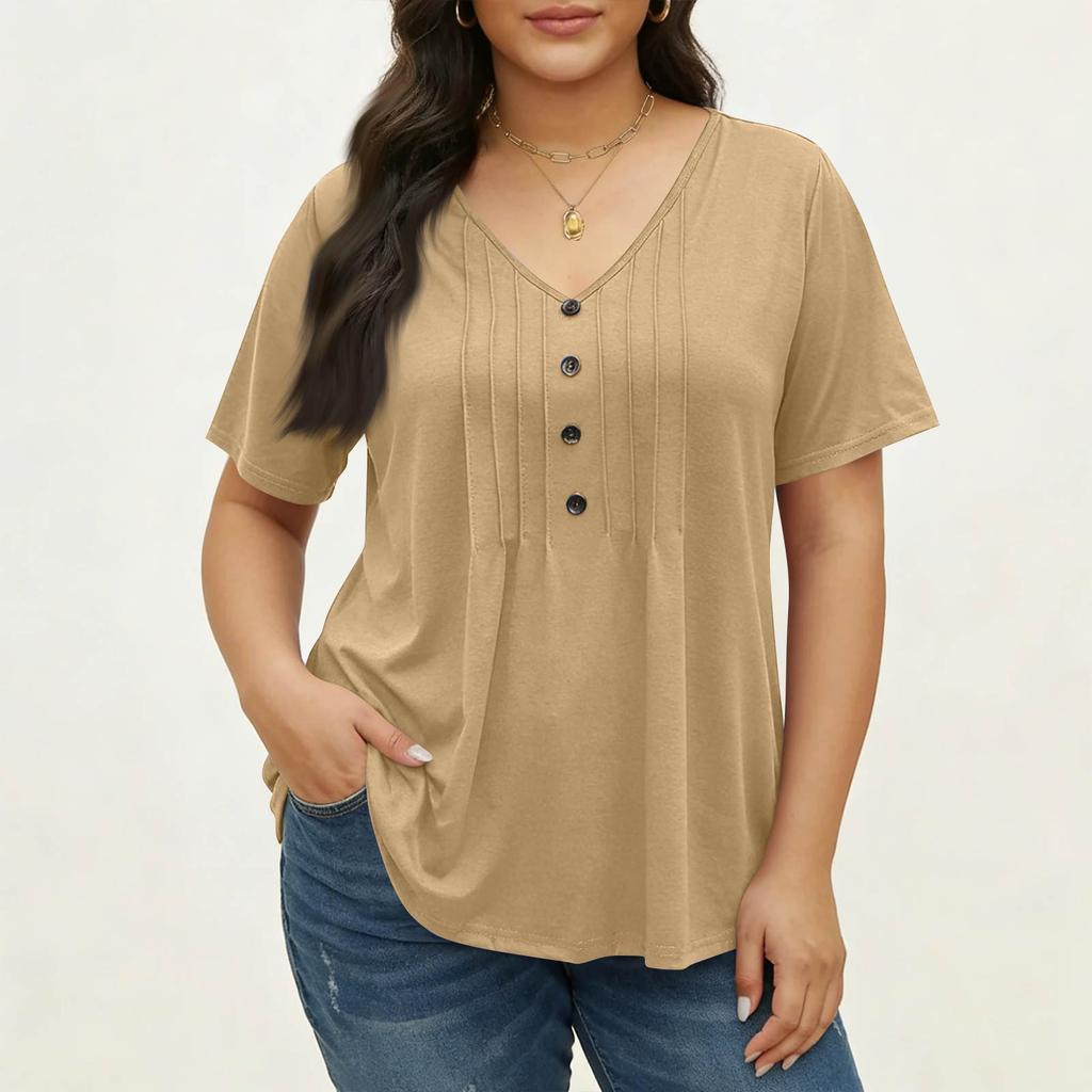 Women's Plus Size Fashionable Casual Loose-Fit V-Neck Button-Down Short-Sleeve Top