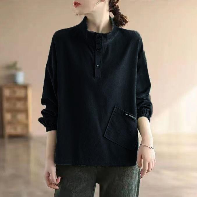 Spring Autumn Women Sports Vintage Casual Shirt Women Young Style Solid Color Long Sleeve High Neck Pocket Button Top