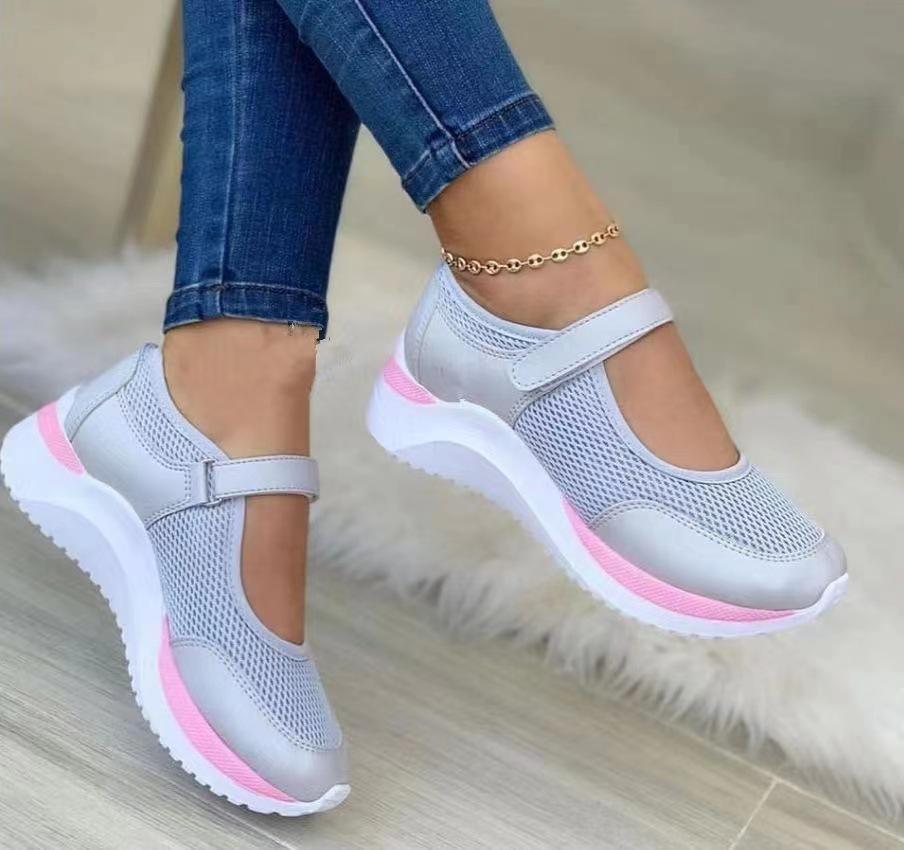 New casual single shoes spring and summer grid fly-woven breathable wedge heel Velcro large size sneakers