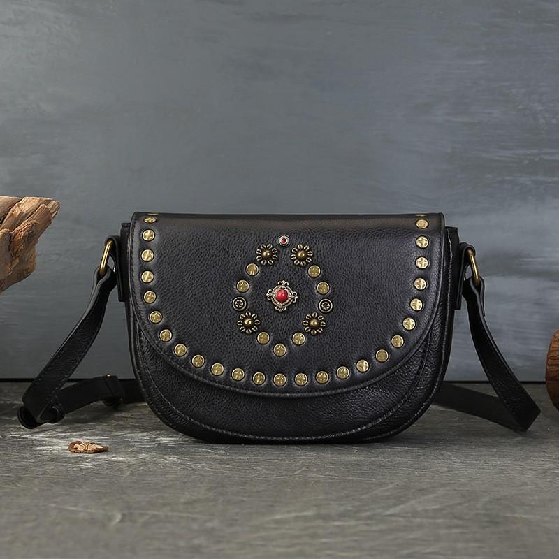 Johnature Genuine Leather Women's Saddle Bag Retro Handmade Rivet Shoulder & Crossbody Bags