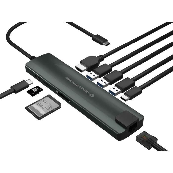 Hub USB - Conceptronic - DONN06G - 9 En 1 - Aluminium - Plug and Play